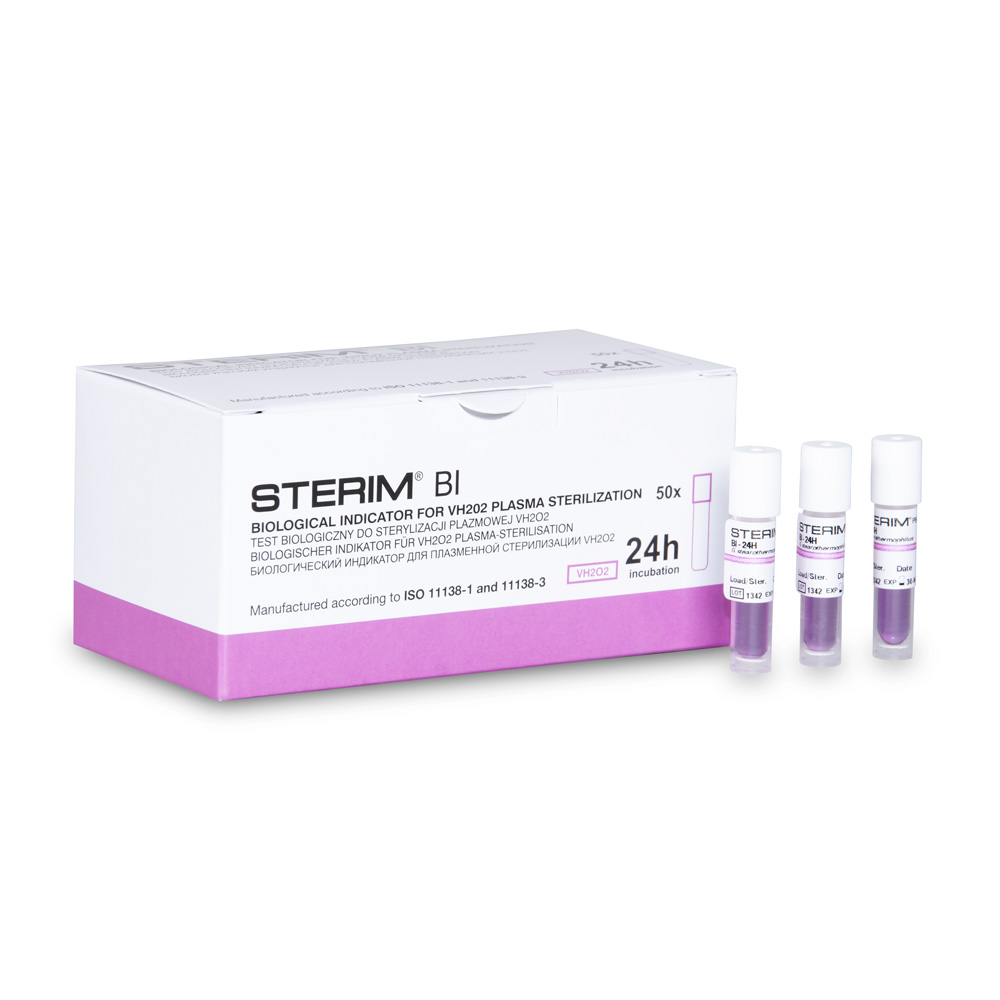 Opakowanie ampulkowych testów biologicznych do sterylizacji plazmowej marki Sterim. Testy zawierają pożywkę dla sporów oraz wskaźnik sterylizacji na zewnetrzej etykiecie
