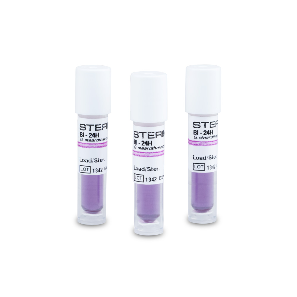 Ampułkowe testy biologiczne marki Sterim do sterylizacji plazmowej. Posiadają fioletową pożywkę i różowy wskaźnik sterylizacji na etykiecie, kóry sluży do archiwizacji.