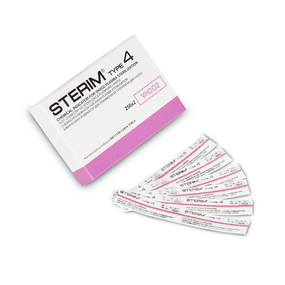 Paskowe testy do sterylzacji plazmowej marki Sterim w opakowaniu po 500 sztuk. Zmieniają kolor z różowego na czarny